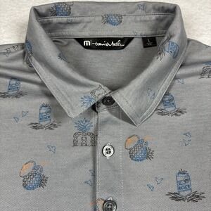 Travis Matthew Polo Shirt Mens L Gray Golf Beer Pineapple All Over Print Stretch